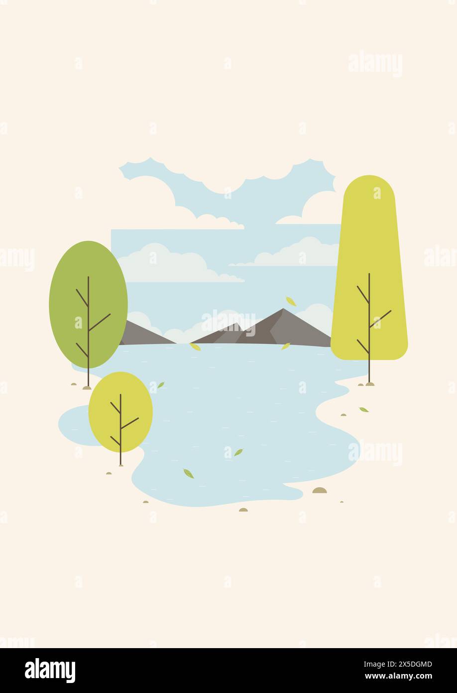Naturlandschaft einfache kindliche Illustration. Grüne Baumpflanzen in der Nähe des Sees. Sommerpanorama in modernem Stil. Abstrakte ländliche Umgebung Stock Vektor