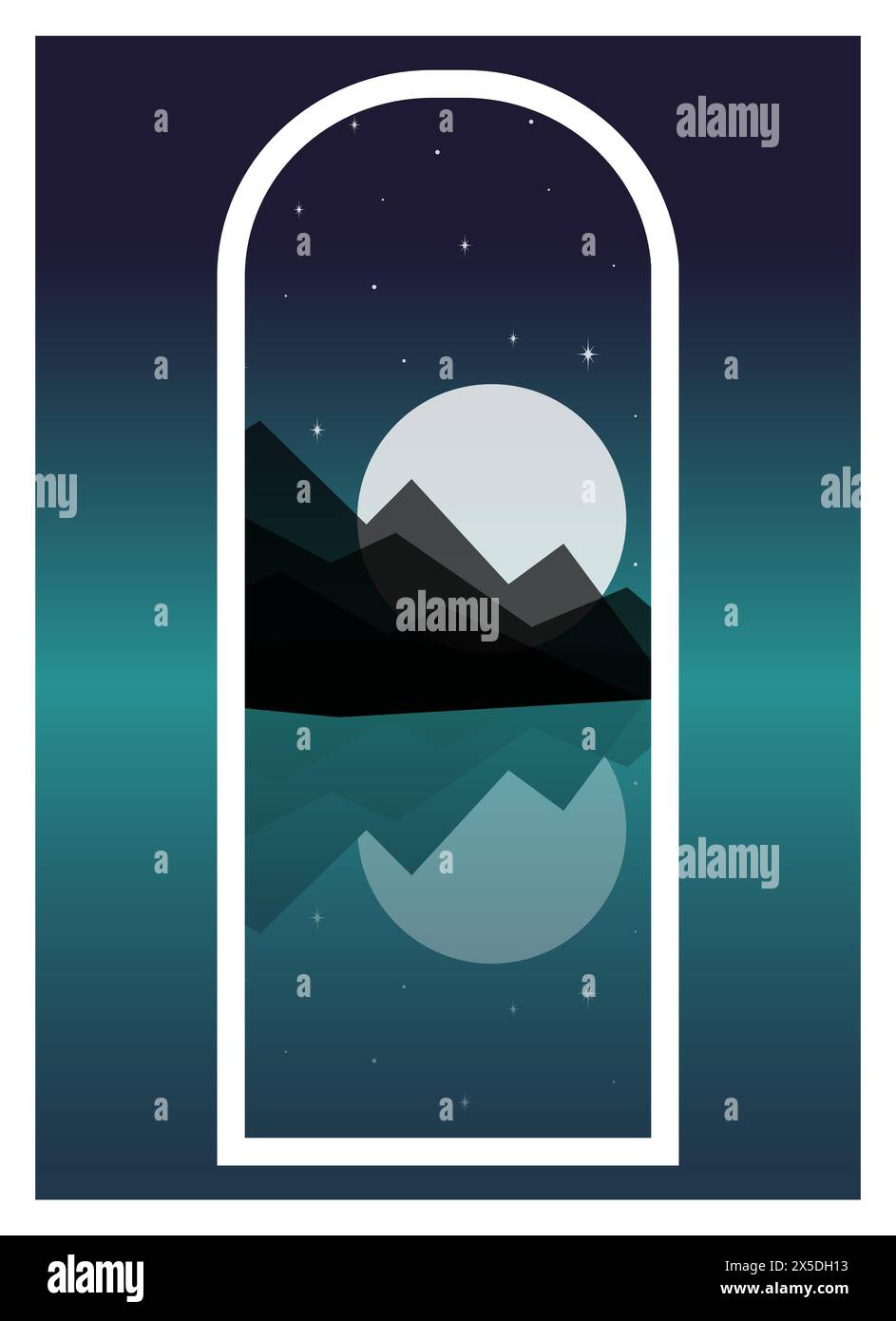 Minimalistisch-ästhetischer Blick auf die nächtliche Bergwelt. Nordische Mitternacht, Fjord-Illustration. Panoramablick am Meer mit aufsteigendem Mond. Hintergrund für Pos. Stock Vektor
