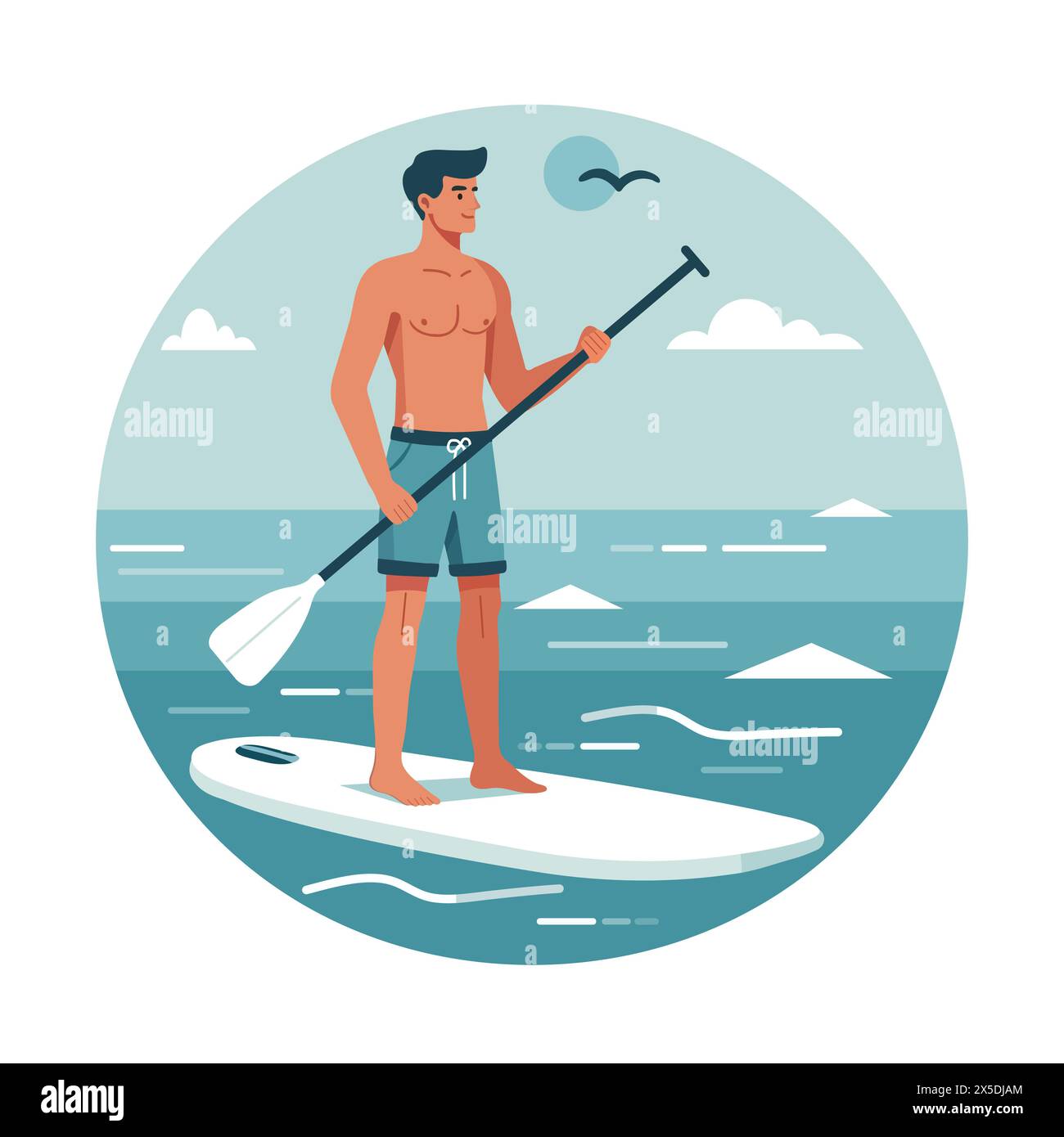 Vektor-Illustration glücklicher athletischer Mann hält Paddel in seinen Händen und steht auf Sup Board. Sommer aktive Erholung auf dem Meer. Stehpaddelbrett. SUP. S Stock Vektor