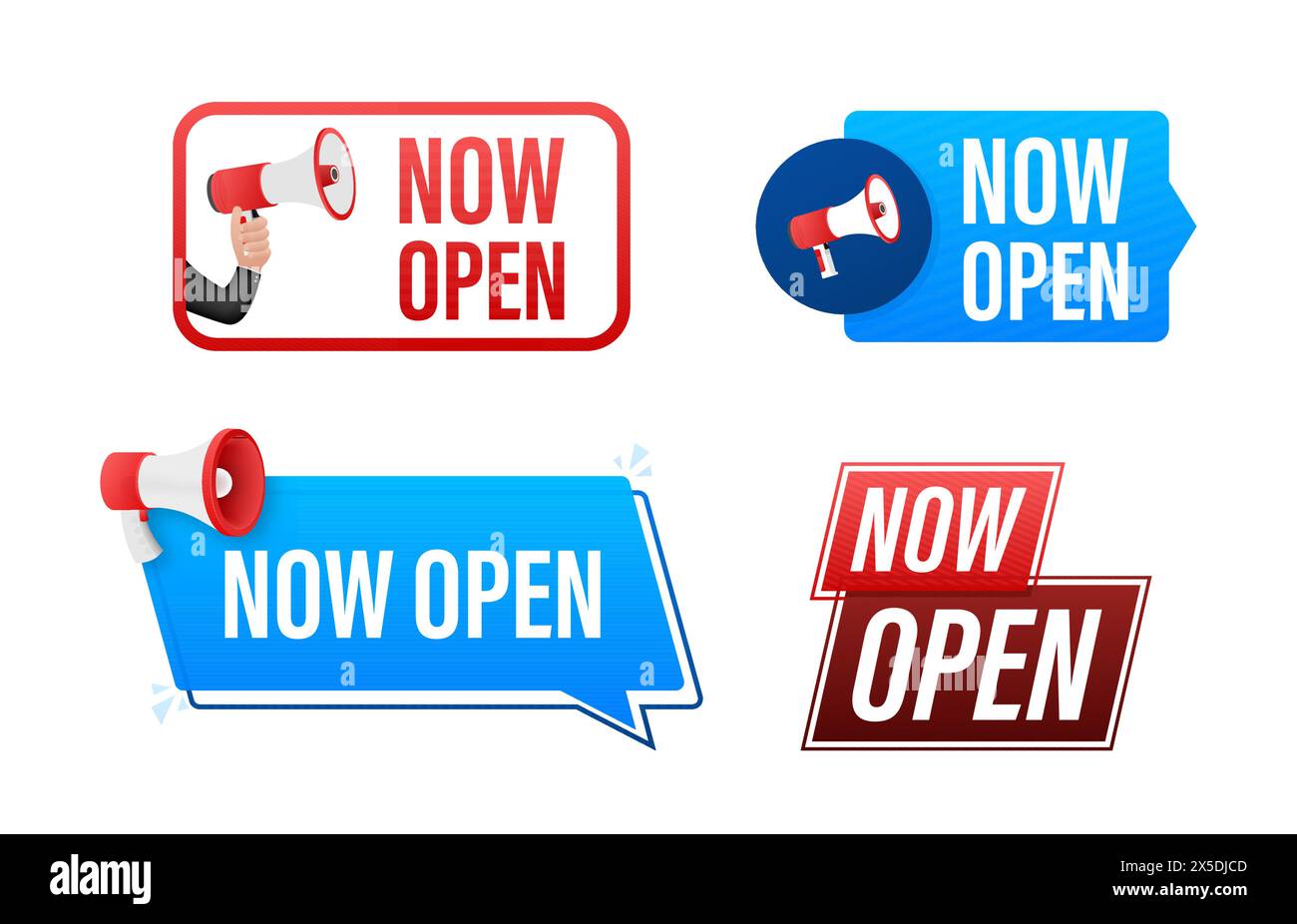Öffnen Sie nun Text mit Megaphone-Label. Megaphon in Hand Werbebanner. Marketing und Werbung Stock Vektor