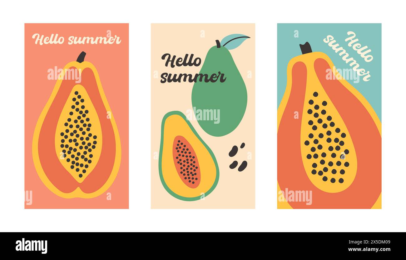 Sommer-Poster-Papaya-Set in flachem Stil. Kunst für Poster, Postkarte, Wandkunst, Banner Hintergrund Stock Vektor