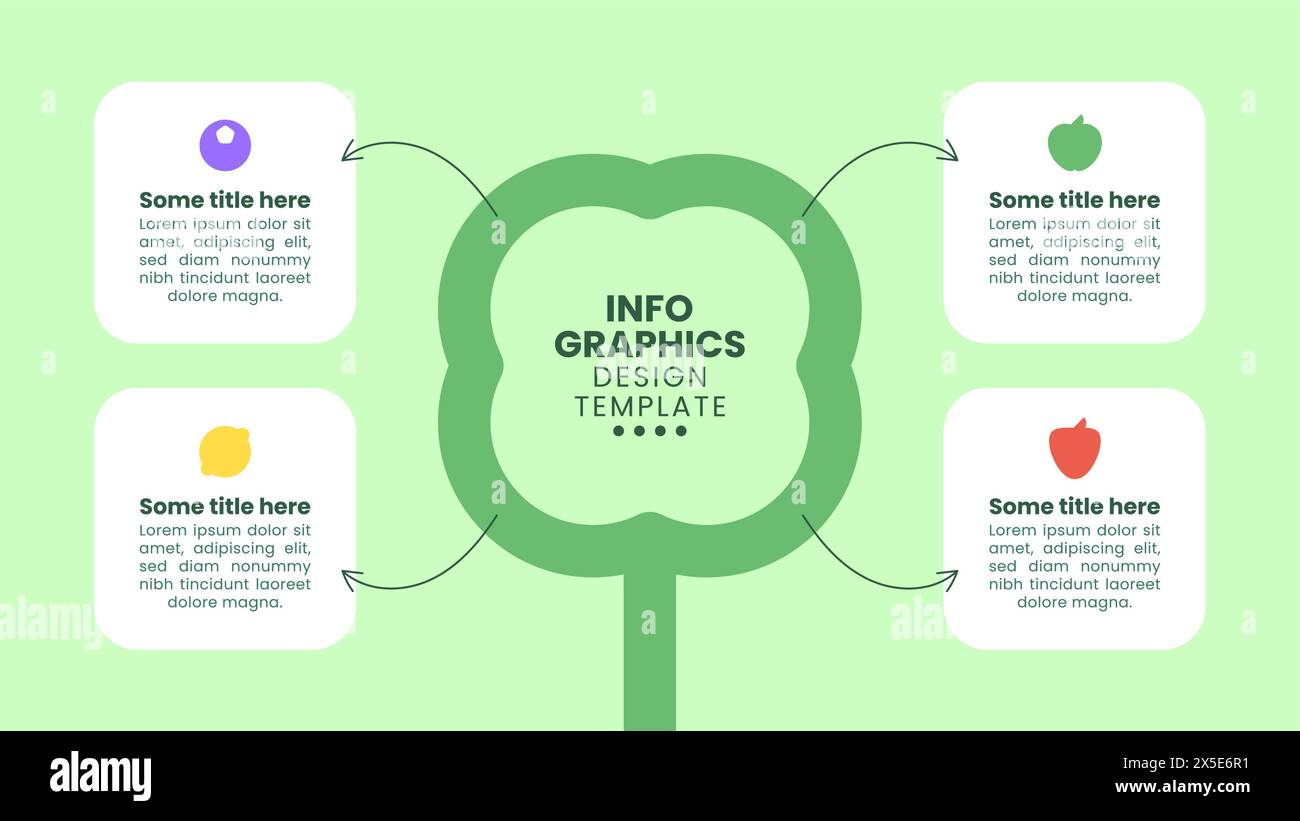Infografik-Vorlage mit Symbolen und 4 Optionen oder Schritten. Grüner Obstbaum. Kann für Workflow-Layout, Diagramm, Banner und Webdesign verwendet werden. Vektorillustra Stock Vektor