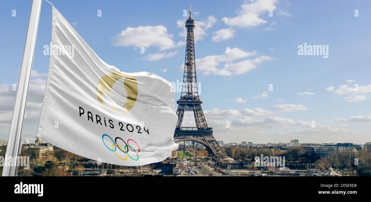 Draufsicht der Flagge der olympischen Spiele 2024 in frankreich mit Grunge-Textur. Kein Fahnenmast. Ebenenkonstruktion, Layout. Offizielles Logo von SOG 2024 in Paris Stockfoto