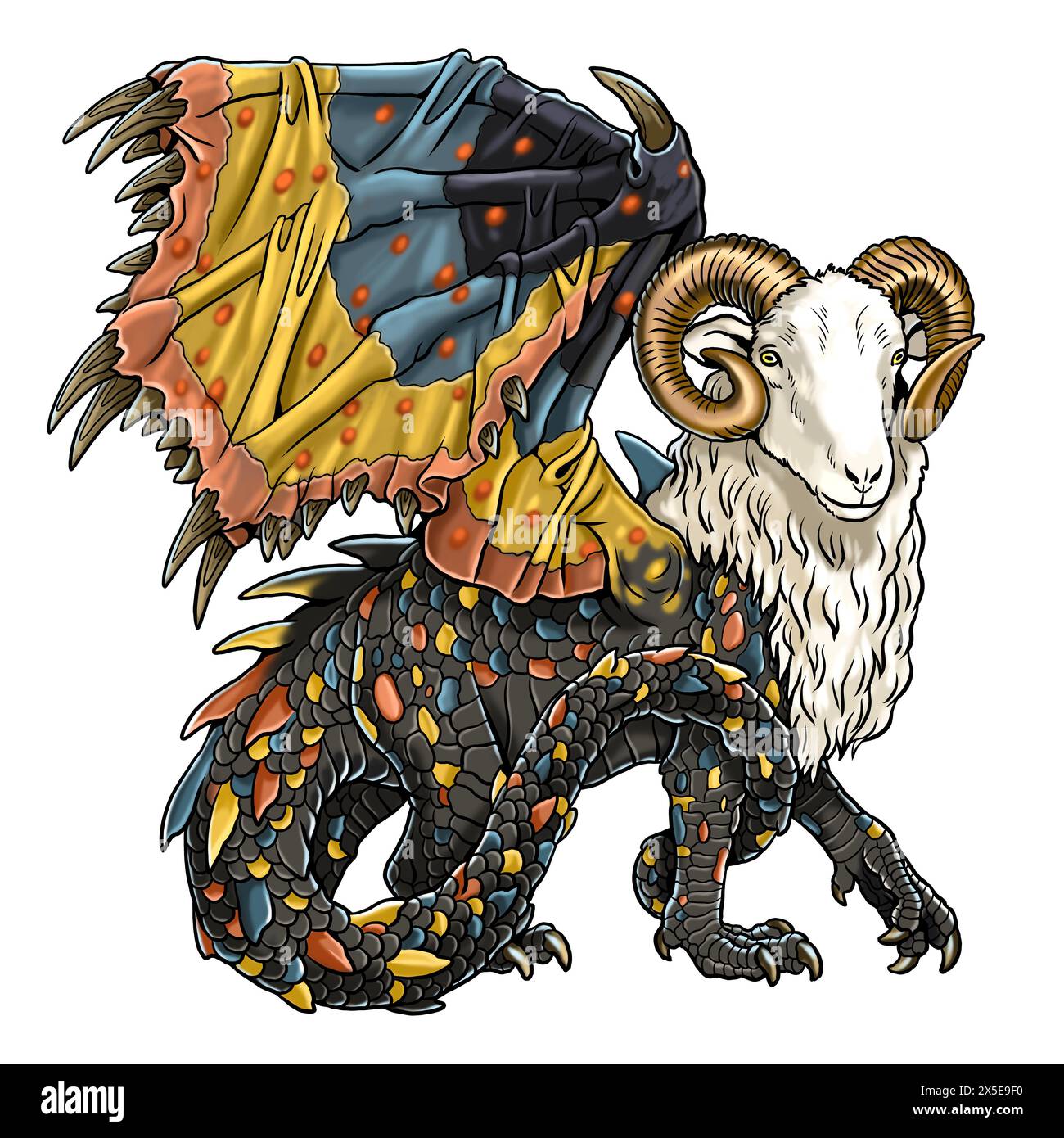 Fantastisches Biest: Drache mit dem Kopf eines Schafes. Fantasy-Kreatur. Stockfoto