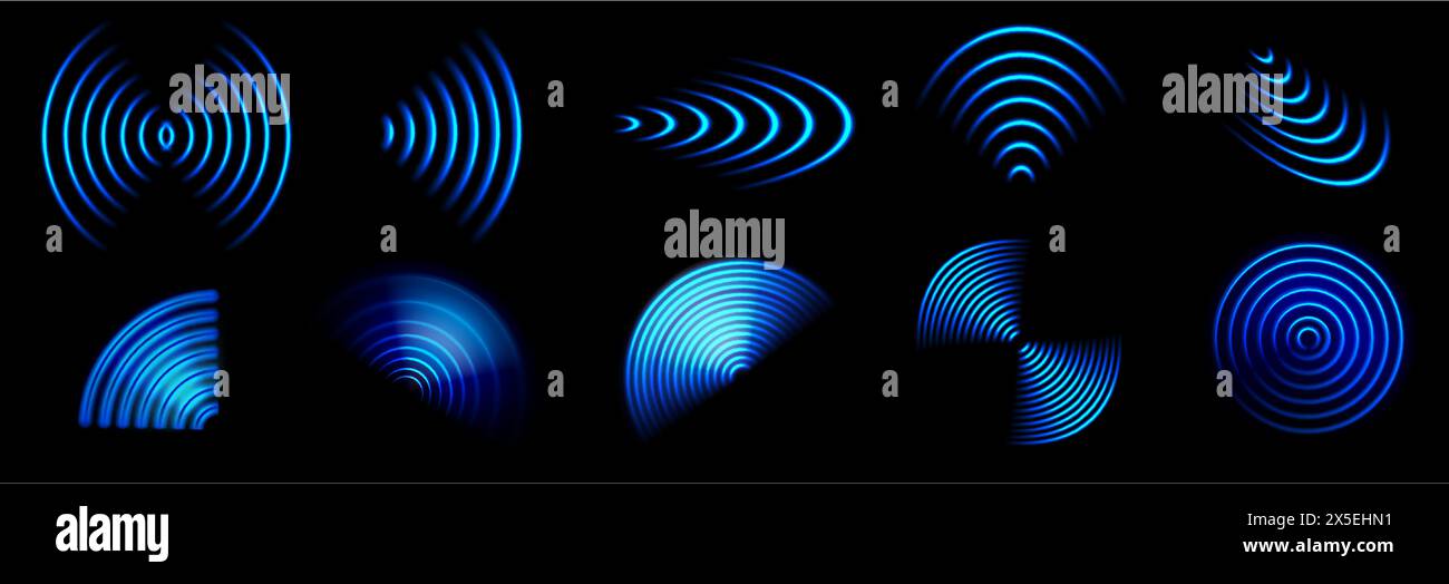 WLAN WAVE. 3D wifi blaues Neonlicht Radialwelleneffekt, abstraktes drahtloses Internet-leuchtendes Signalzeichen. Sound Scan Radar, mobile Hotspot Technologie Vektorsatz. Digitale Technologie, Signal Stock Vektor