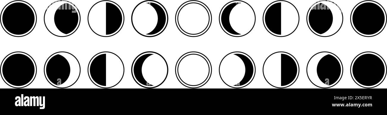 Mondphase. Voller Mondzyklus. Mondsichelzeichen, Wachs und abnehmende Form. Änderungen am Kalender. Symbole für Design in Astrologie und Raum. Stock Vektor