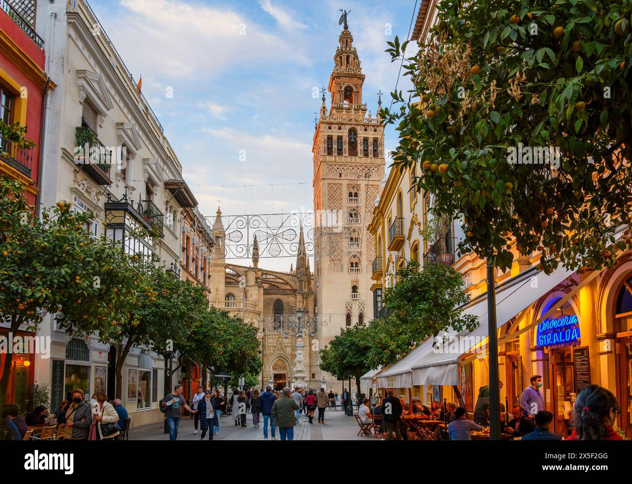 Früh in der Nacht im Viertel Barrio Santa Cruz von Sevilla, während Touristen und Einheimische die Straßencafés mit der Kathedrale und dem Giralda Tower genießen. Stockfoto