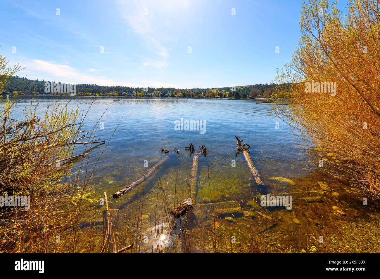 Am Liberty Lake, einem mittelgroßen See im Liberty Lake, Washington, einem Vorort von Spokane Washington, können Sie Luxushäuser am Wasser sehen. Stockfoto