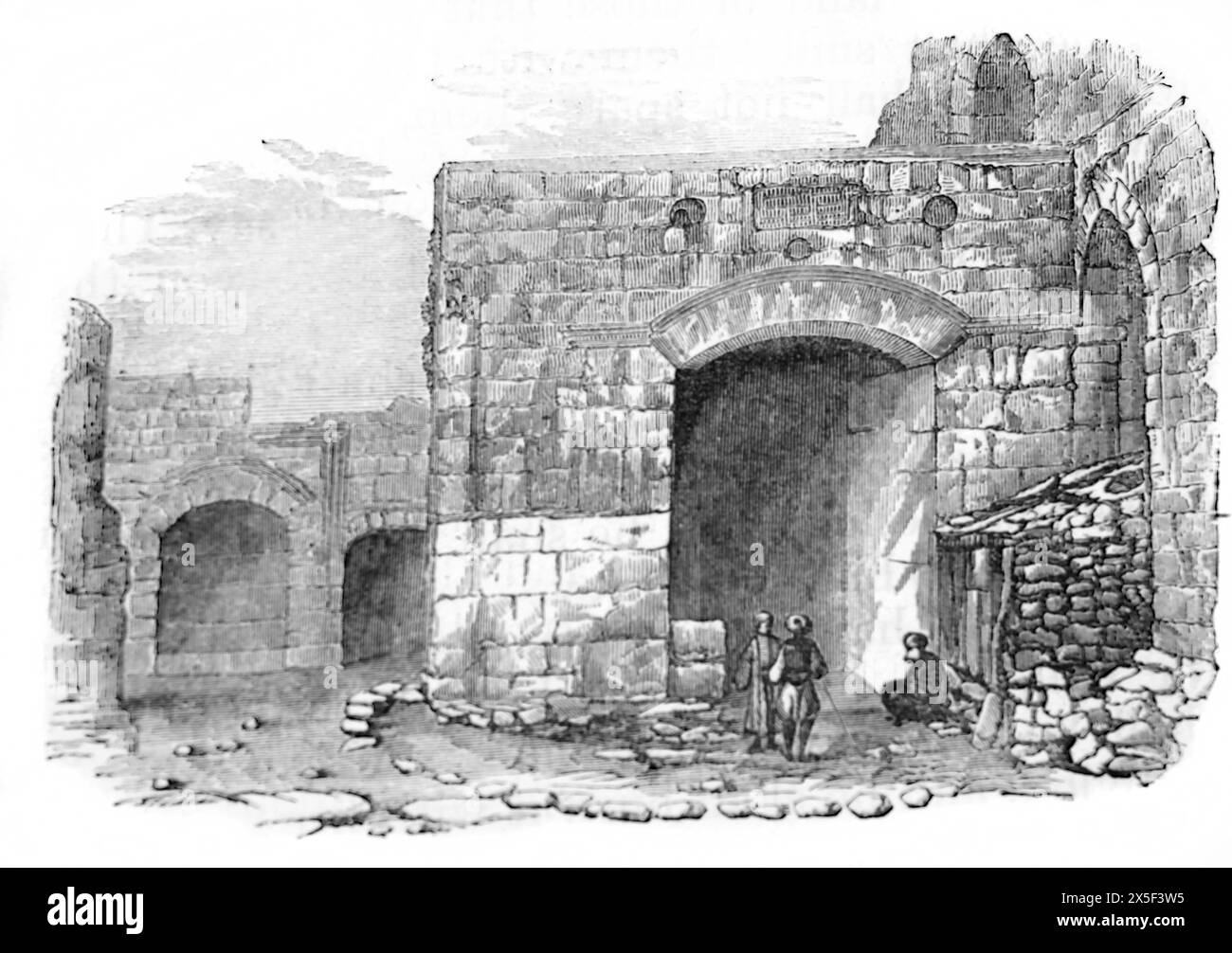 Holzgravierung des Stephanstors eines der sieben Tore der Altstadt von Jerusalem in der antiken, illustrierten Familienbibel aus dem 19. Jahrhundert Stockfoto