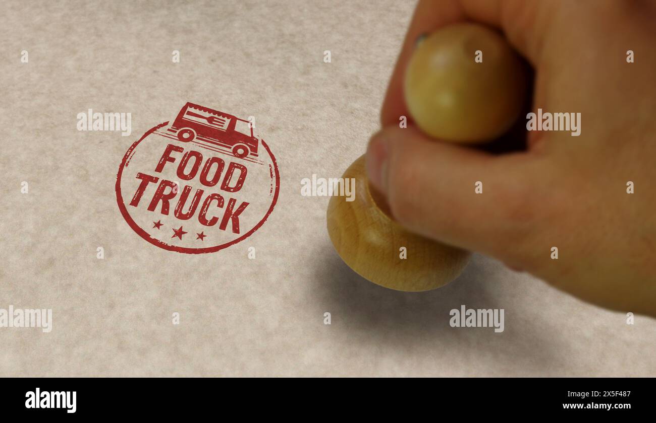 Food Truck Stempel und Stempelhand. Street-Food-Fahrzeugkonzept. Stockfoto