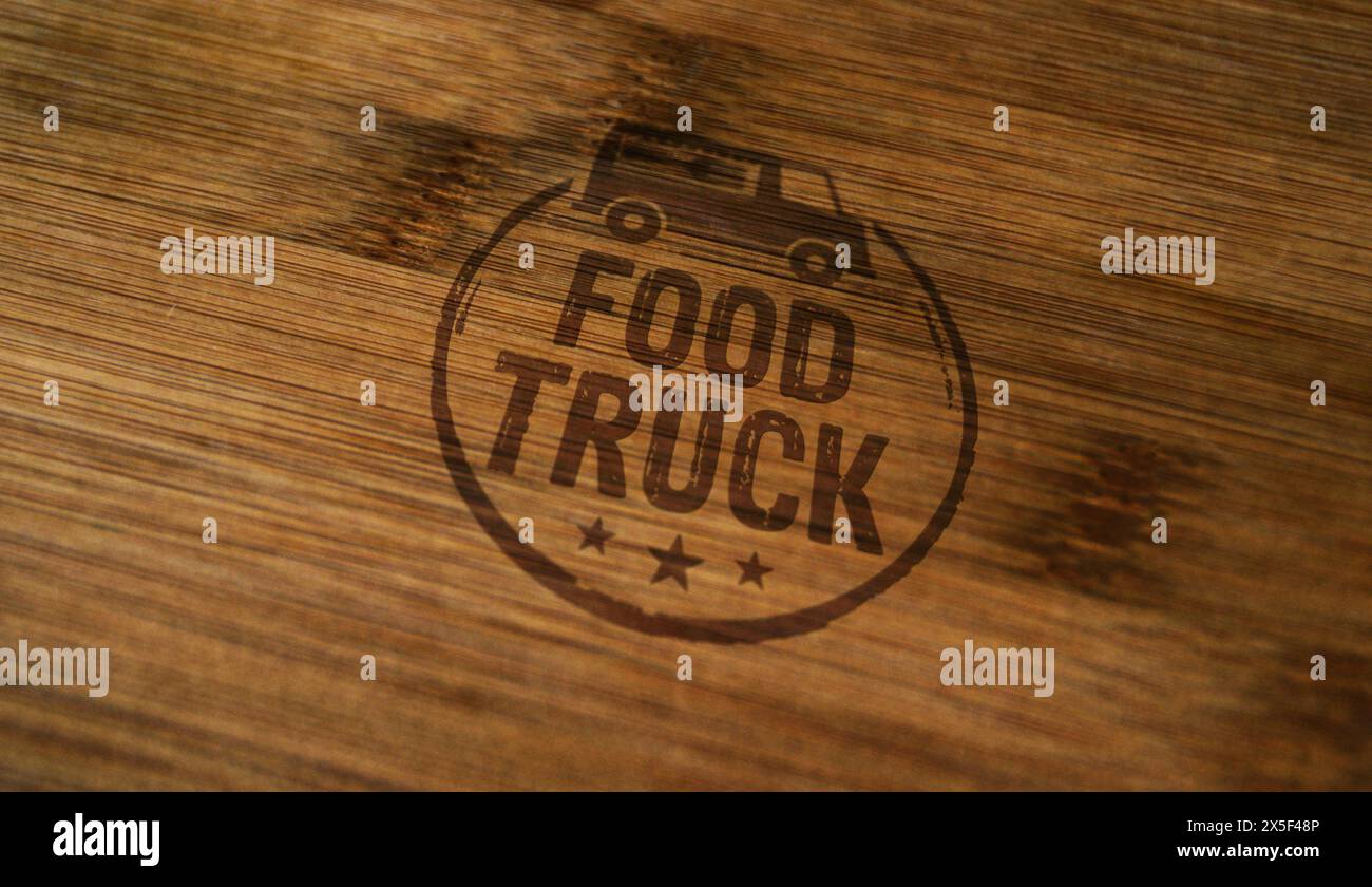 Lebensmittelwagen-Stempel auf Holzkiste gedruckt. Street-Food-Fahrzeugkonzept. Stockfoto