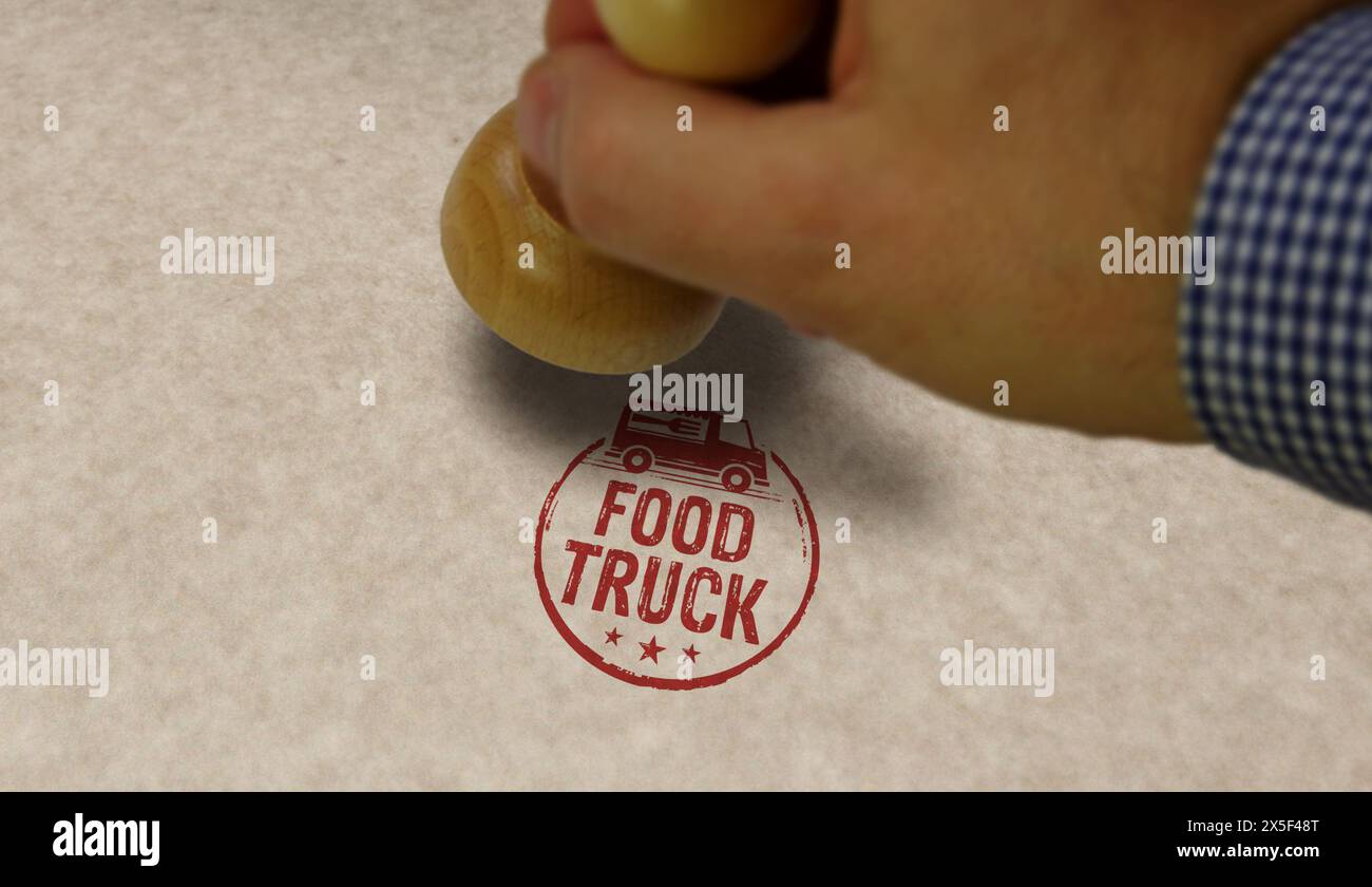 Food Truck Stempel und Stempelhand. Street-Food-Fahrzeugkonzept. Stockfoto