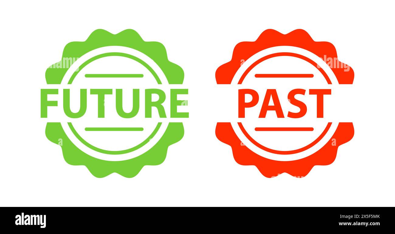 Zeichen für Vergangenheit und Zukunft, Etikett. Zwei grüne und rote Aufkleber Stock Vektor
