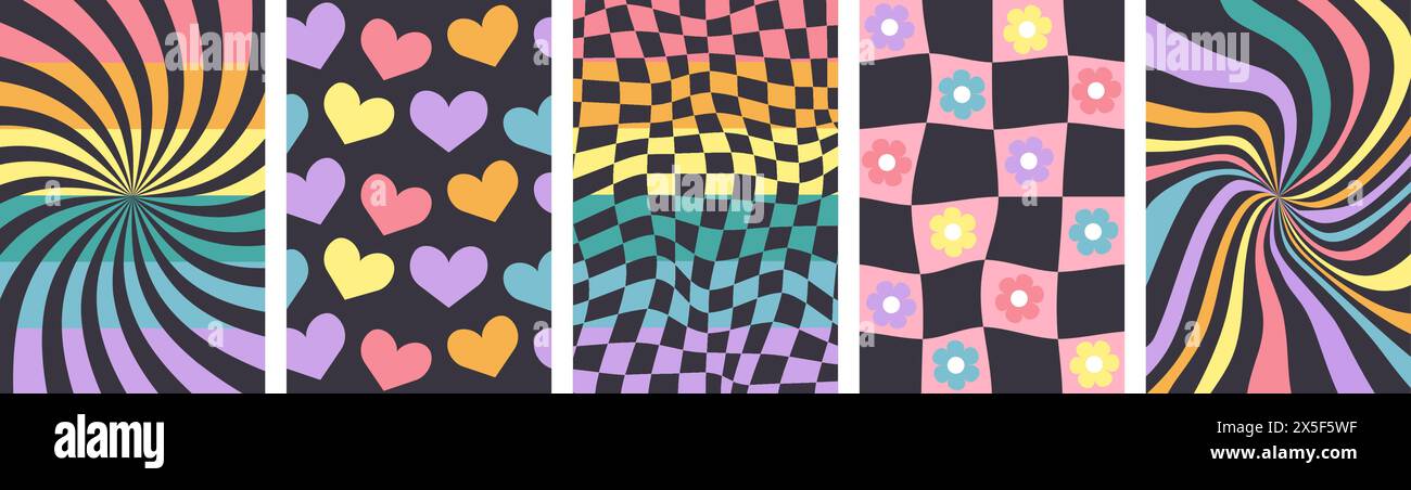 Rainbow Groovy vertikales Poster Set Vektor Illustration Stock Vektor