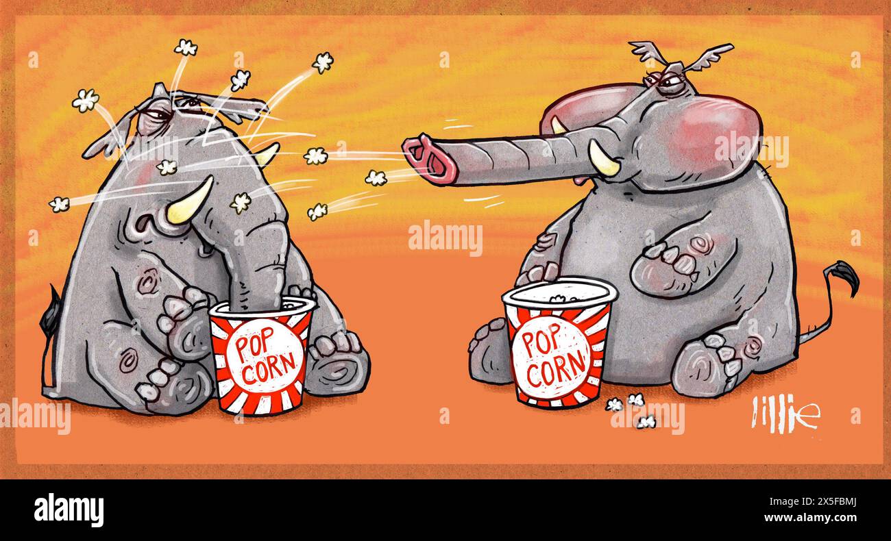 Comic-Elefanten essen Popcorn politisches Konzept Kommentar Politik Machtkämpfe von republikanischen Kandidaten Unterstützer USA amerikanische Wahlen Swing states Stockfoto
