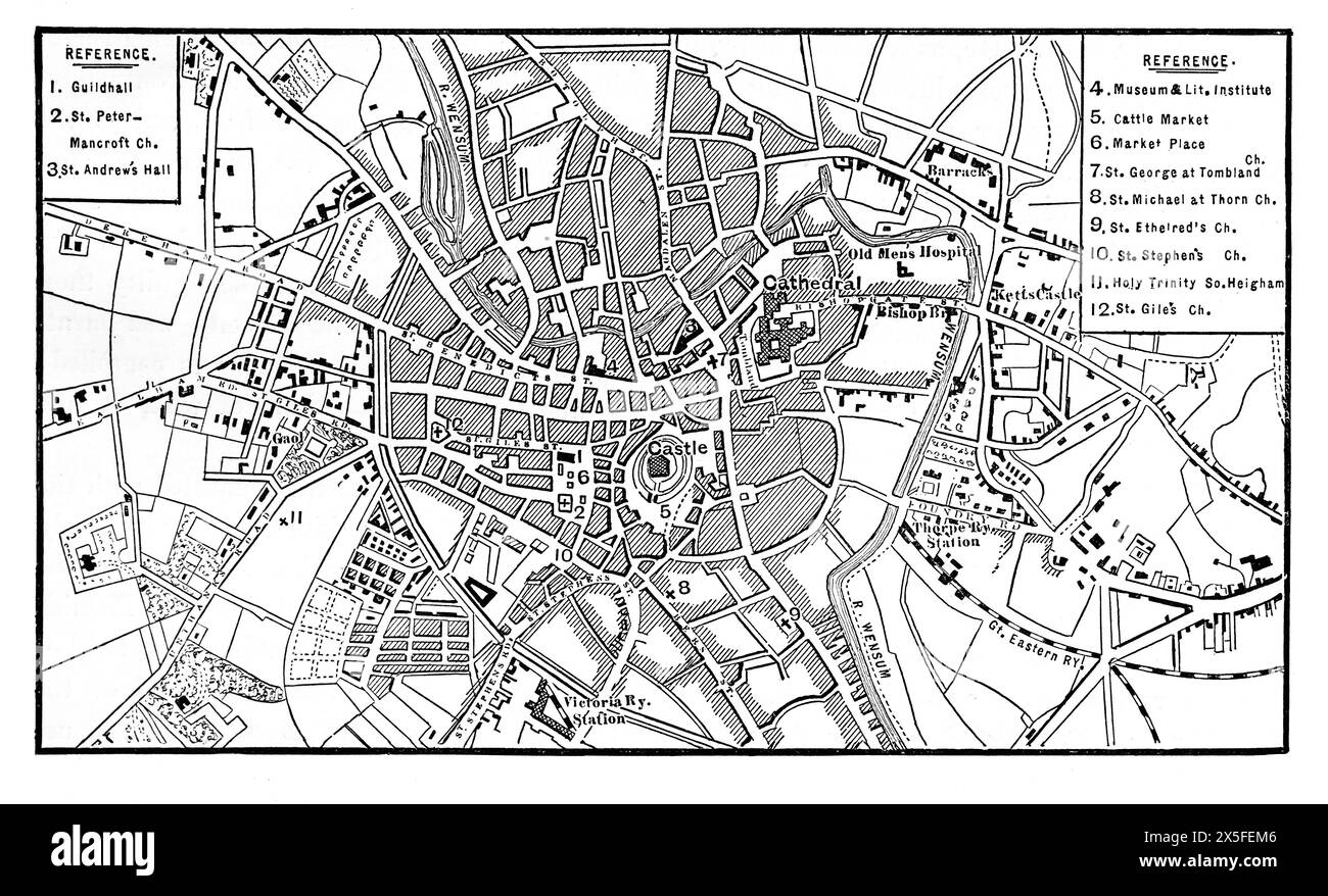 Eine Karte von Norwich, wie es im 19. Jahrhundert aussah. Schwarz-weiß-Illustration aus unserem eigenen Land Band III, veröffentlicht von Cassell, Petter, Galpin & Co. Im späten 19. Jahrhundert. Stockfoto