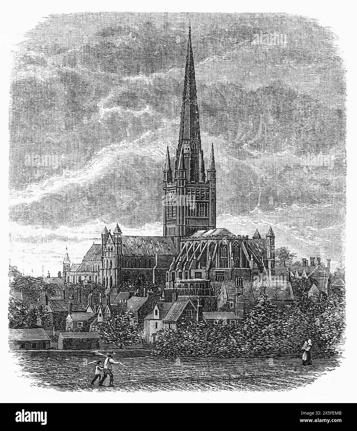 Norwich Cathedral im 19. Jahrhundert: Von Südosten aus gesehen. Schwarz-weiß-Illustration aus unserem eigenen Land Band III, veröffentlicht von Cassell, Petter, Galpin & Co. Im späten 19. Jahrhundert. Stockfoto