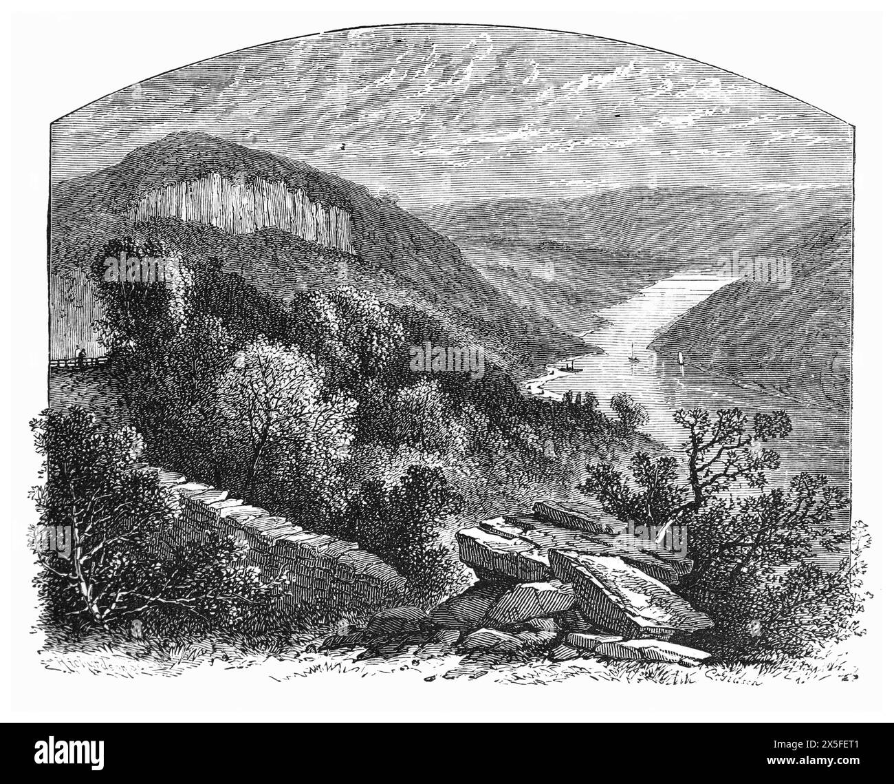 Wyndcliff oder Wynd Cliff, wie es im 19. Jahrhundert erschien. Der Wyndcliff ist eine steile Kalksteinklippe, die sich über dem River Wye in Monmouthshire erhebt. Schwarz-weiß-Illustration aus unserem eigenen Land Band III, veröffentlicht von Cassell, Petter, Galpin & Co. Im späten 19. Jahrhundert. Stockfoto