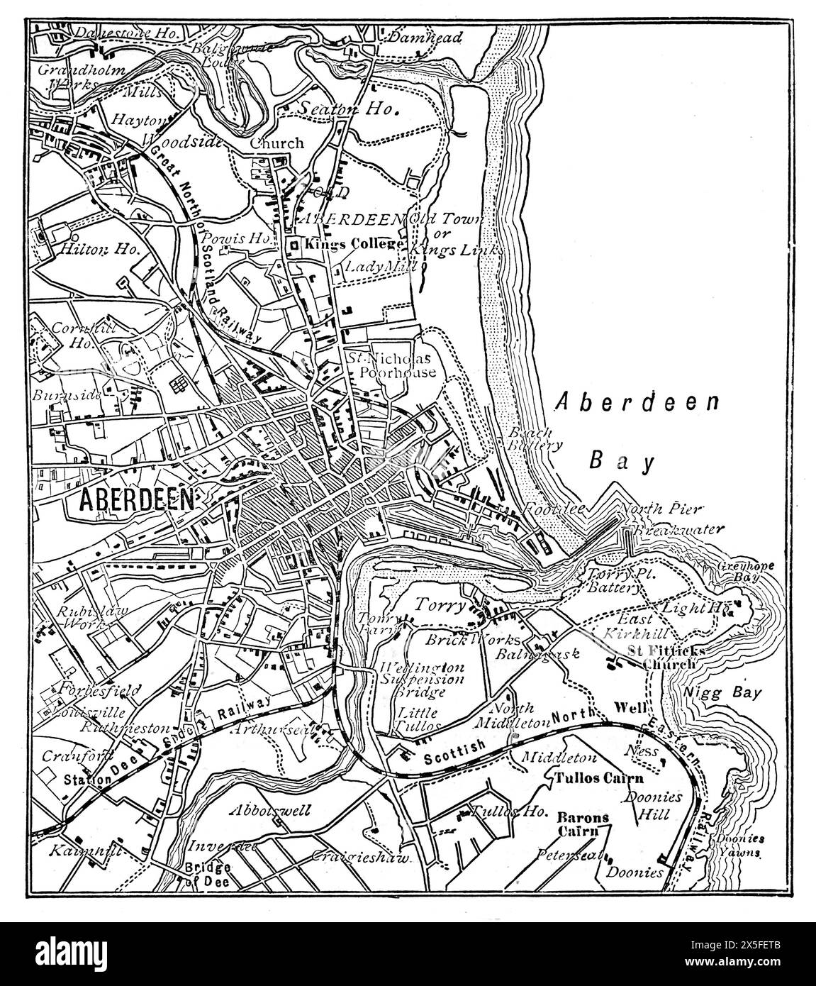 Karte von Aberdeen, Schottland, wie sie Ende des 19. Jahrhunderts erschien. Schwarz-weiß-Illustration aus unserem eigenen Land Band III, veröffentlicht von Cassell, Petter, Galpin & Co. Im späten 19. Jahrhundert. Stockfoto