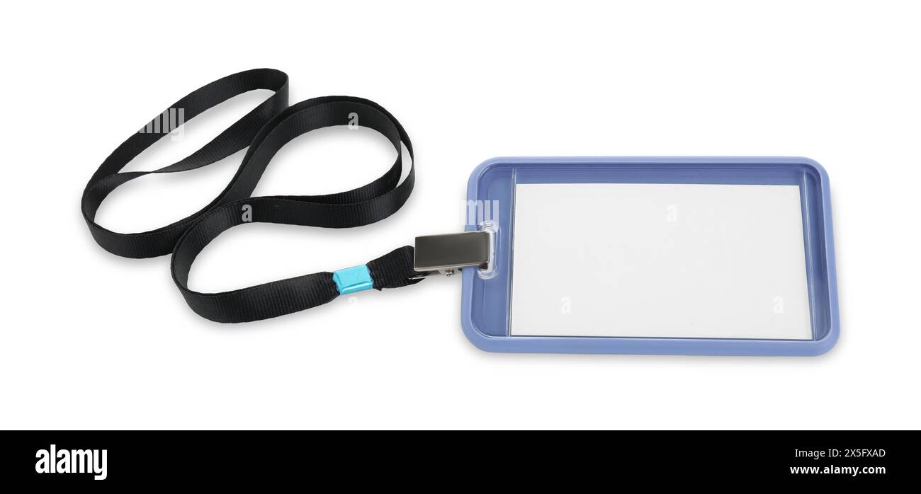 Leeres blaues Abzeichen mit isolierter Schnur auf weiß Stockfoto