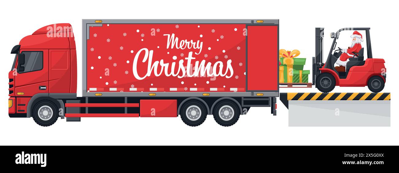 Weihnachtsmann fährt mit einem Gabelstapler und lädt Geschenke an einen Containerwagen an der Lade- und Entladestelle. Konzept für Frachtlogistik und Transport von High Stock Vektor