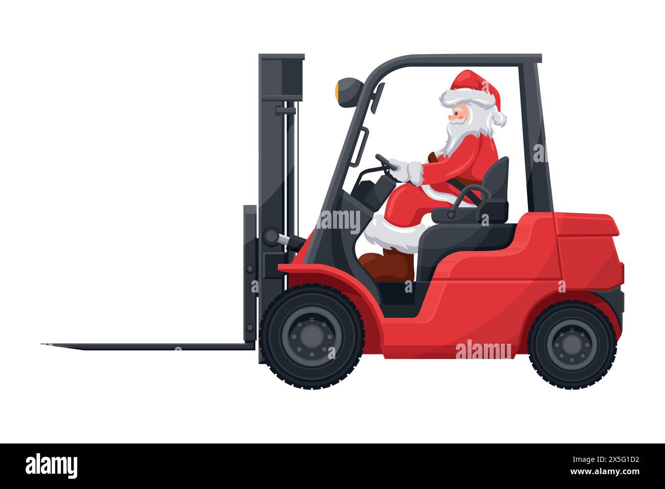 Weihnachtsmann fährt einen roten Gabelstapler. Sicherheit beim Umgang mit dem Gabelstapler. Weihnachtskampagne für Frachtlogistik und Versand von Waren mit hoher Nachfrage Stock Vektor