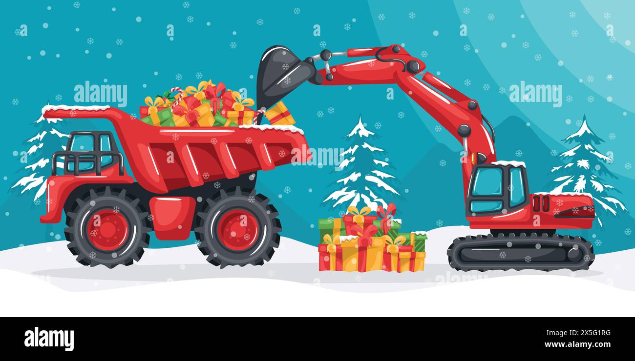 Caterpillar-Bagger, der Weihnachtsgeschenke auf einen Bergbauwagen lädt. Weihnachtliche Winterlandschaft mit Schnee. Wir feiern den Beginn eines glücklichen neuen Jahres. Stock Vektor