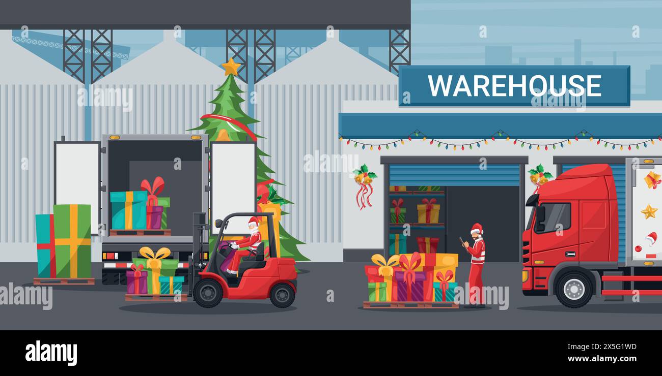 Außenbereich eines Lagerhauses mit weihnachtsbeleuchtung. Der Weihnachtsmann fährt einen Gabelstapler und lädt Geschenke auf einen Containerwagen. Weihnachtskampagne für c Stock Vektor