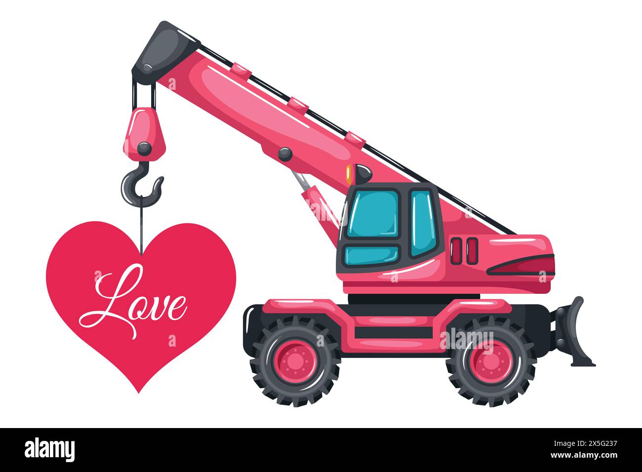 Teleskopkran auf Rädern Cartoon rosa Farbe hebt eine Herzkarte zum Valentinstag. Schwere Maschinen, die im Bau- und Bergbau eingesetzt werden Stock Vektor