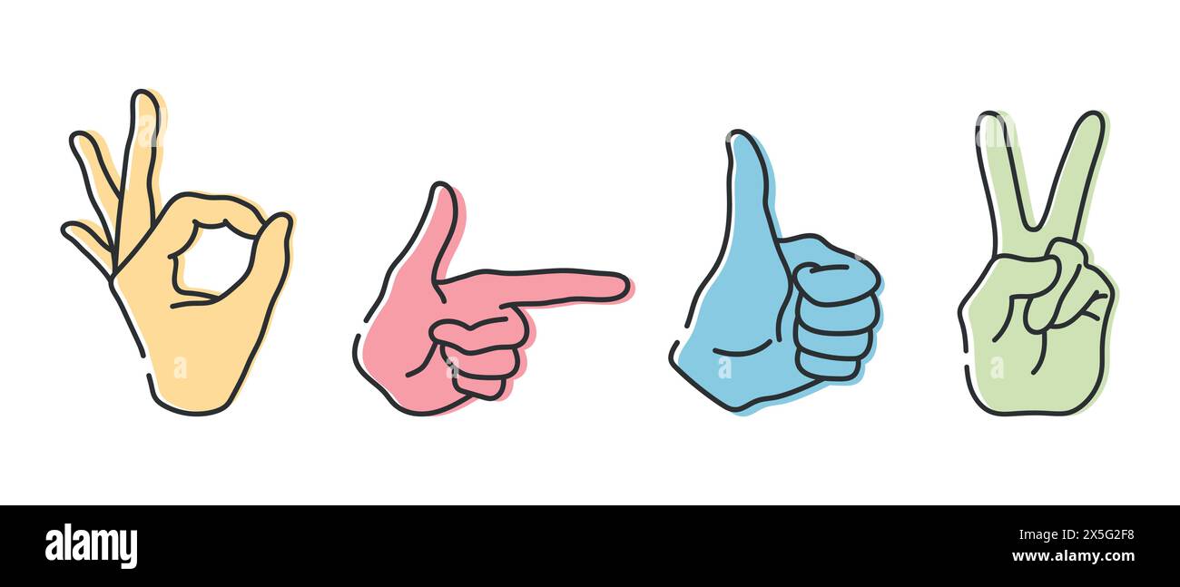 Hände mit Gesten OK, Friedenszeichen, Daumen hoch und Zeigefinger. Zeilensymbole werden isoliert auf weißem Hintergrund gesetzt. Vektorabbildung Stock Vektor