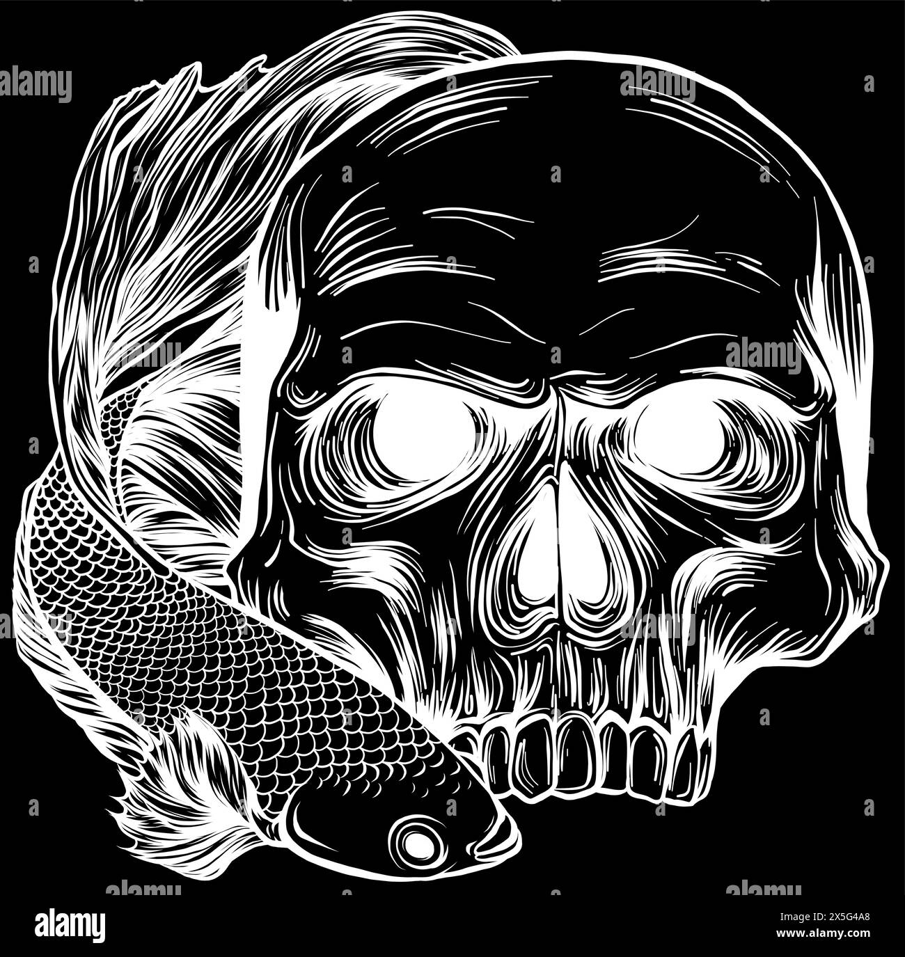 Weiße Silhouette des menschlichen Schädels mit Betta-Fisch-Vektor-Illustration auf schwarzem Hintergrund Stock Vektor