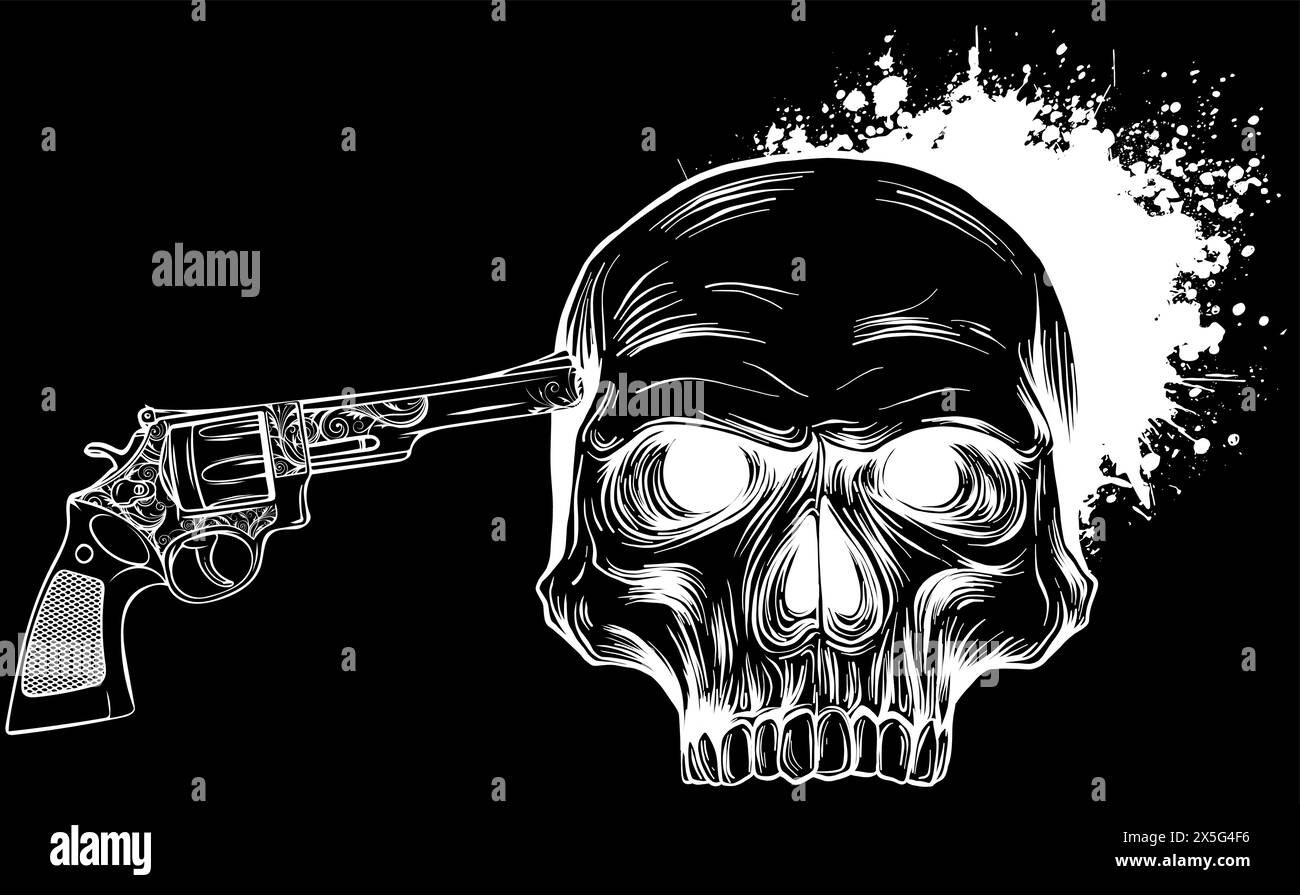Weiße Silhouette des Suizidschädels mit Pistole und Blut auf schwarzem Hintergrund Stock Vektor