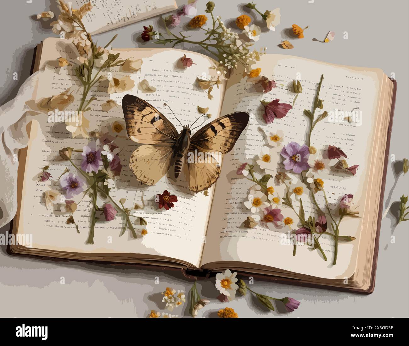 High Detailed Full Color Vector - das Kunstwerk enthält ein offenes Buch mit bezaubernden Blumenblüten und einem Schmetterling, das das Studium des LIFE darstellt Stock Vektor