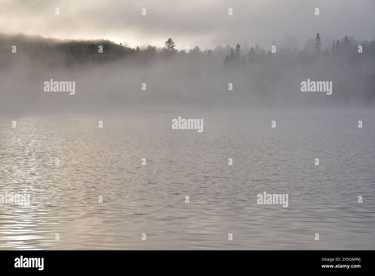 La Mauricie Nationalpark Wapizagonke See früh am Morgen. Nebel am Morgen über dem See mit Baumlinie in der Ferne. Sonnenaufgang hinter Baumgrenze Stockfoto