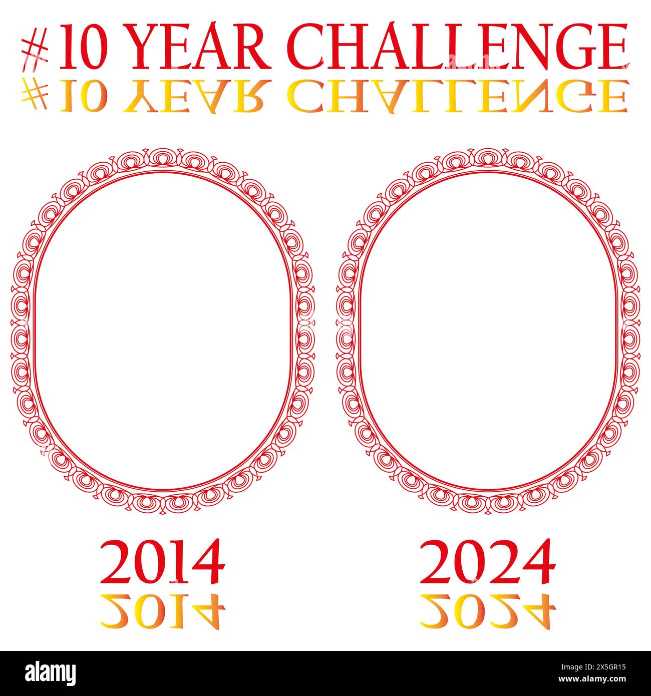 10 Jahre Challenge Rahmen. Vektor vor und nach dem Vergleich. Rot verzierte Ränder. Zeitfortschritt-Konzept. Stock Vektor