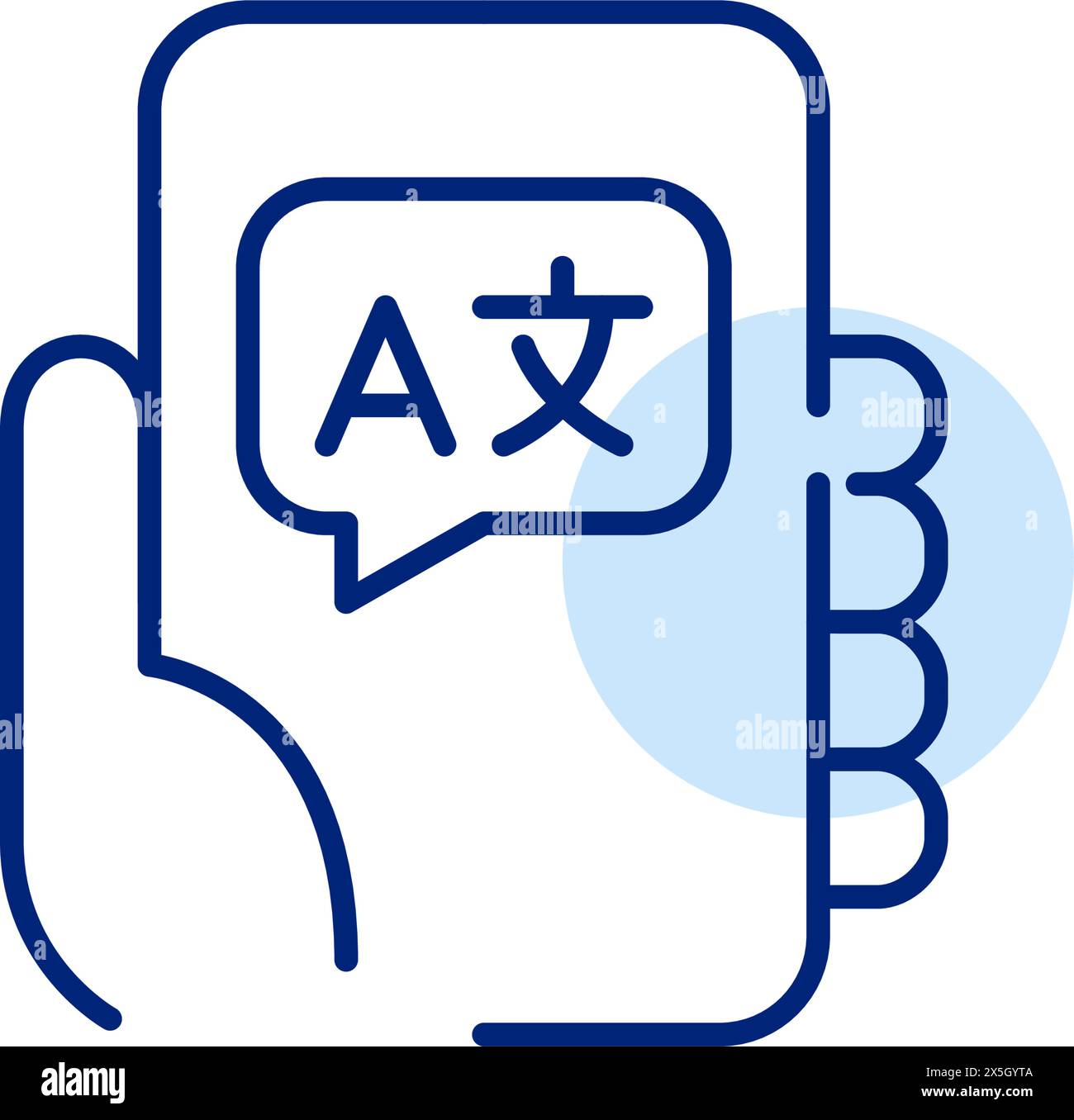 Handheld-Smartphone mit Übersetzungssymbolen mehrsprachige Sprechblase. Online-App. Pixelperfektes, bearbeitbares Konturvektorsymbol Stock Vektor