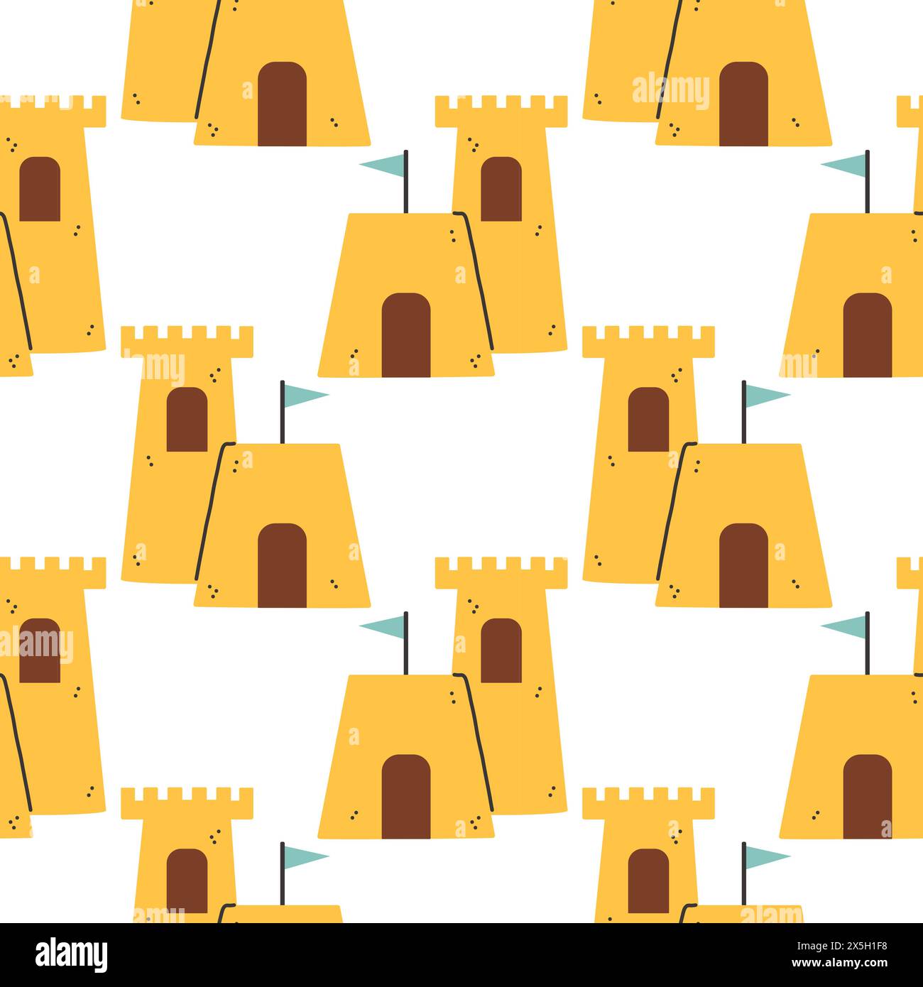 Sommer Sandburg Muster. Flaches, nahtloses Muster. Einfache Sandburg. Cartoon-Design. Illustration des flachen Vektors. Stock Vektor