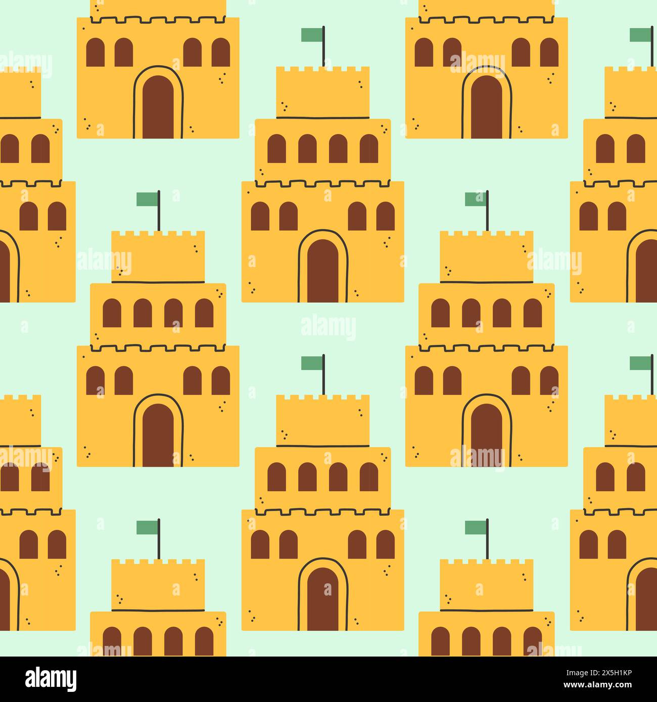 Sommer Sandburg Muster. Flaches, nahtloses Muster. Einfache Sandburg. Cartoon-Design. Illustration des flachen Vektors. Stock Vektor