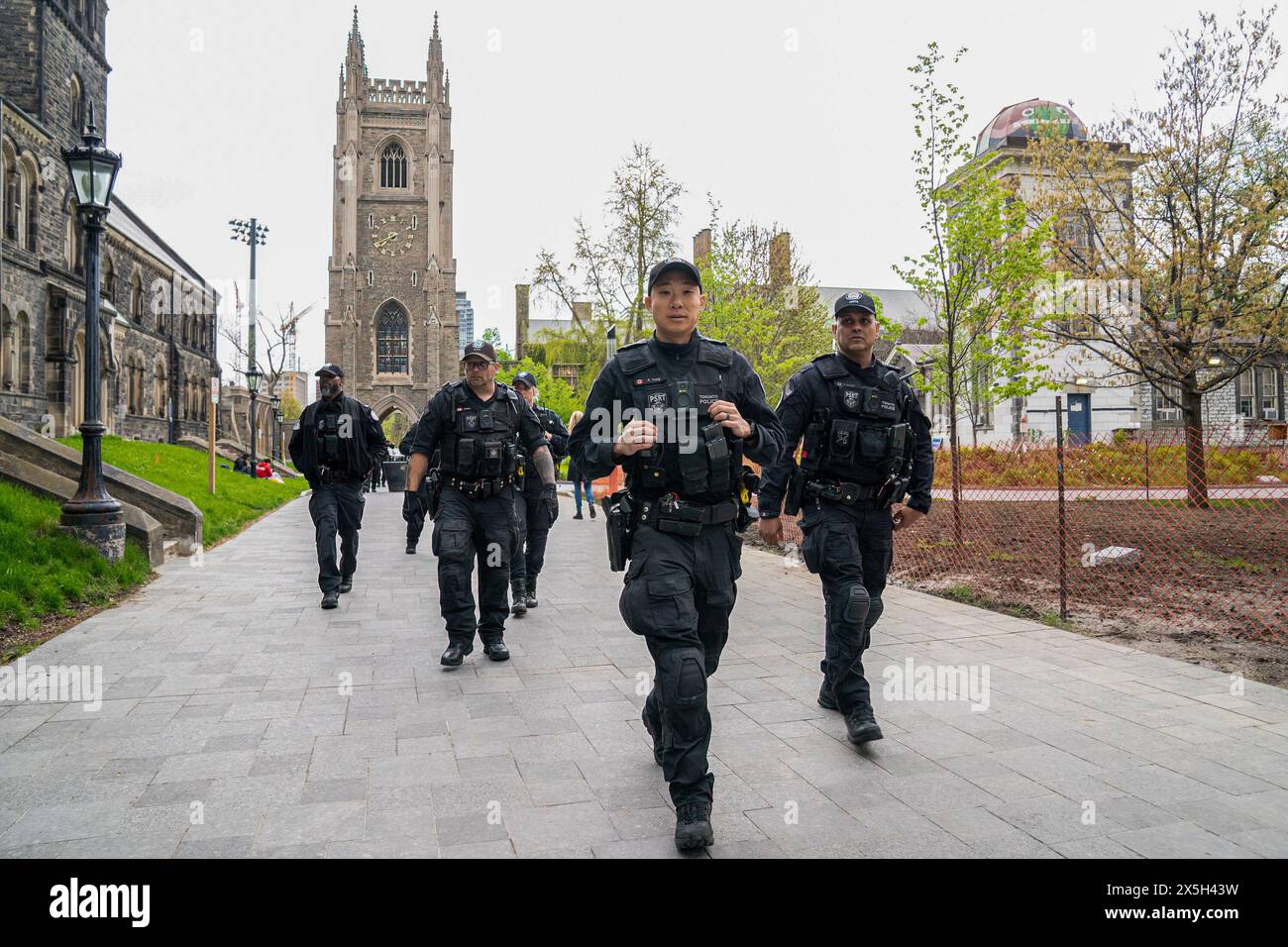 Toronto, Kanada. Mai 2024. Während des pro-palästinensischen und pro-israelischen Protests kommen weitere Polizisten an. Pro-palästinensische und pro-israelische Demonstranten an der University of Toronto außerhalb des Studentenlager im King College Circle. Studenten und Dozenten, die sich für die palästinensischen Rechte einsetzten, zeigten Banner, die die Not der Palästinenser darstellten, antizionistische und anti-israelische Botschaften, während pro-israelische Proteste Studenten und Unterstützer daran beteiligten, israelische Flaggen zu schwenken und Dialoge zu führen, um Israels Aktionen und Politik zu verteidigen. Quelle: SOPA Images Limited/Alamy Live News Stockfoto