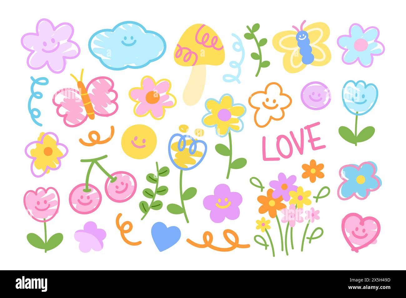 Blüten Illustration Kritzeleien wie Blumen, Schmetterling, Pilz, Kirsche, Smiley, tulpe, Herz, grüne Blätter, LIEBESBRIEFE für Frühling, Sommer, Picknick Stock Vektor