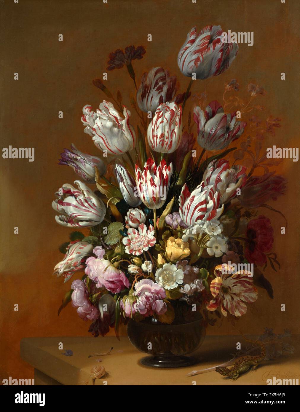 Niederlande / Holland: Stillleben mit Blumen. Öl auf Tafelgemälde von Hans Bollongier (Fl. 1623-1672), 1639, mit der Tulpe „Semper Augustus“, Sternblüte des Phänomens „Tulipomania“. Tulpenmanie oder Tulipomania (niederländische Namen sind: Tulpenmanie, Tulpomanie, Tulpenwoede, Tulpengekte und bollengekte) war eine Periode im niederländischen Goldenen Zeitalter, in der die Vertragspreise für Zwiebeln der kürzlich eingeführten Tulpe außergewöhnlich hoch erreichten und dann plötzlich zusammenbrachen. Stockfoto