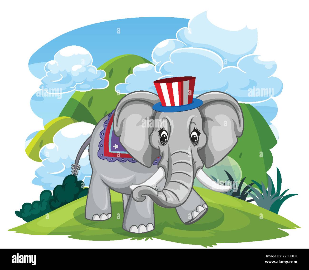 Cartoon-Elefant mit Hut in einer lebhaften Outdoor-Umgebung Stock Vektor