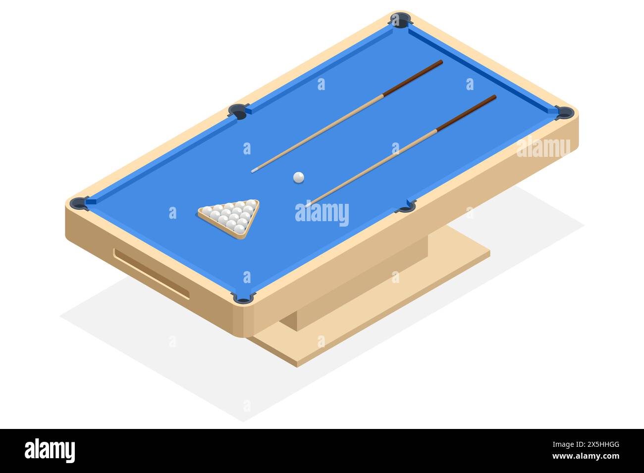 Isometrische Billardtabelle auf weißem Hintergrund isoliert. Billardtisch mit grüner Oberfläche und Bällen im Billardclub. Poolspiel. Snooker-Billard Stock Vektor
