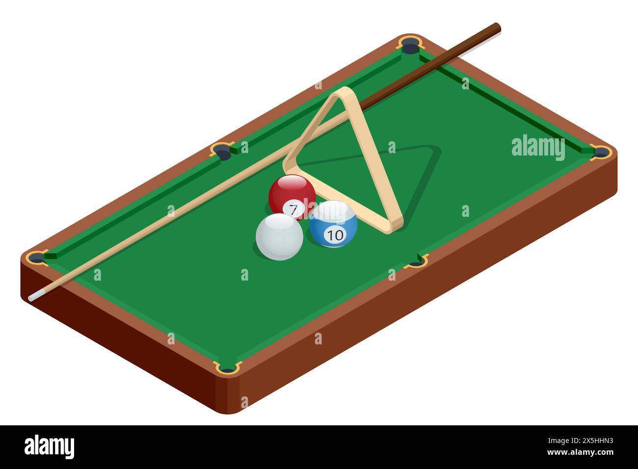 Isometrische Billardtabelle auf weißem Hintergrund isoliert. Billardtisch mit grüner Oberfläche und Bällen im Billardclub. Poolspiel. Snooker-Billard Stock Vektor