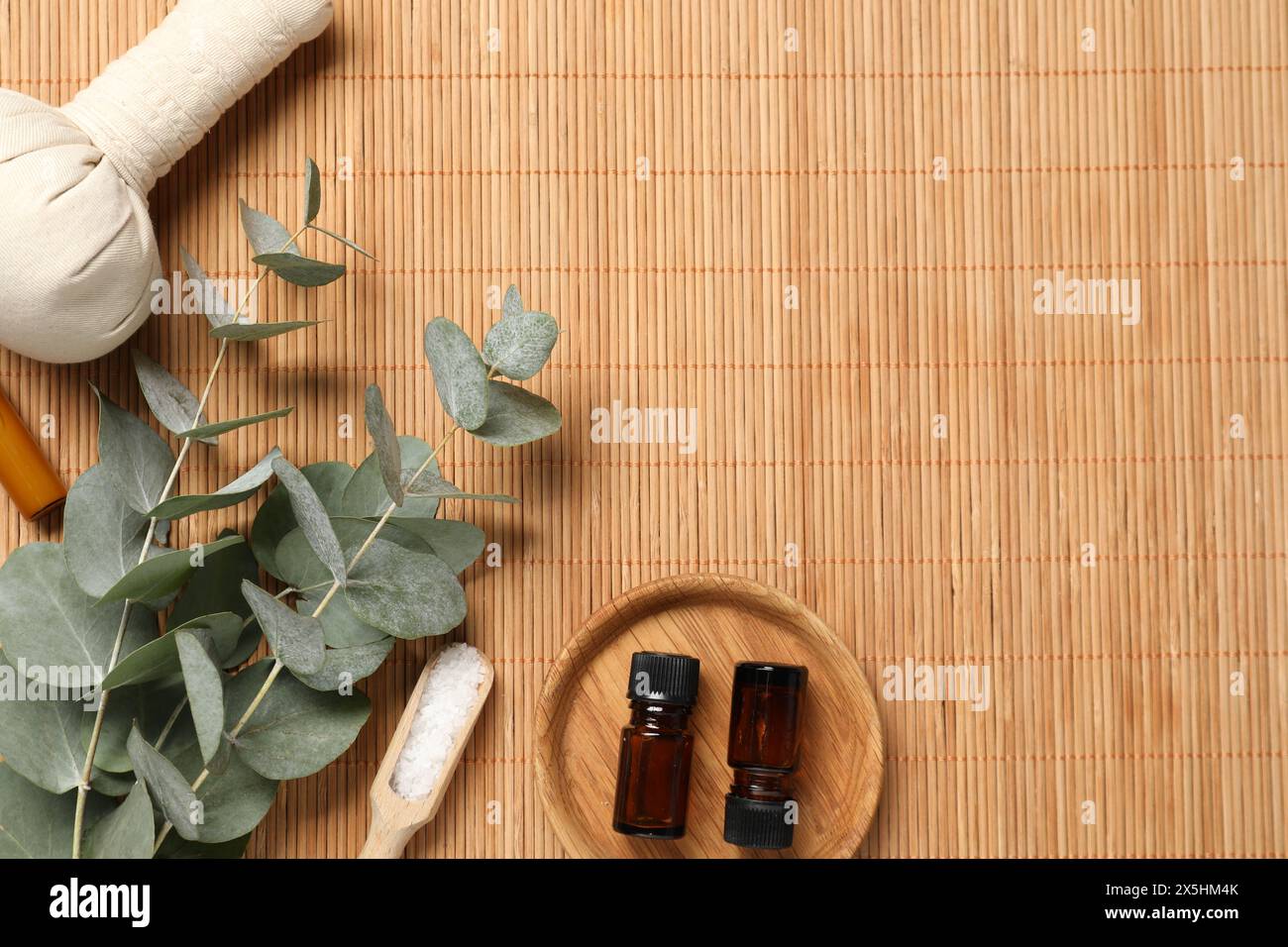 Verschiedene Aromatherapieprodukte und Eukalyptuszweige auf Bambusmatte, flach gelegt. Leerzeichen für Text Stockfoto