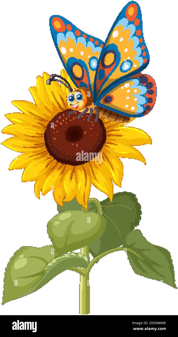 Lebendiger Schmetterling auf einer hellen Sonnenblume Stock Vektor