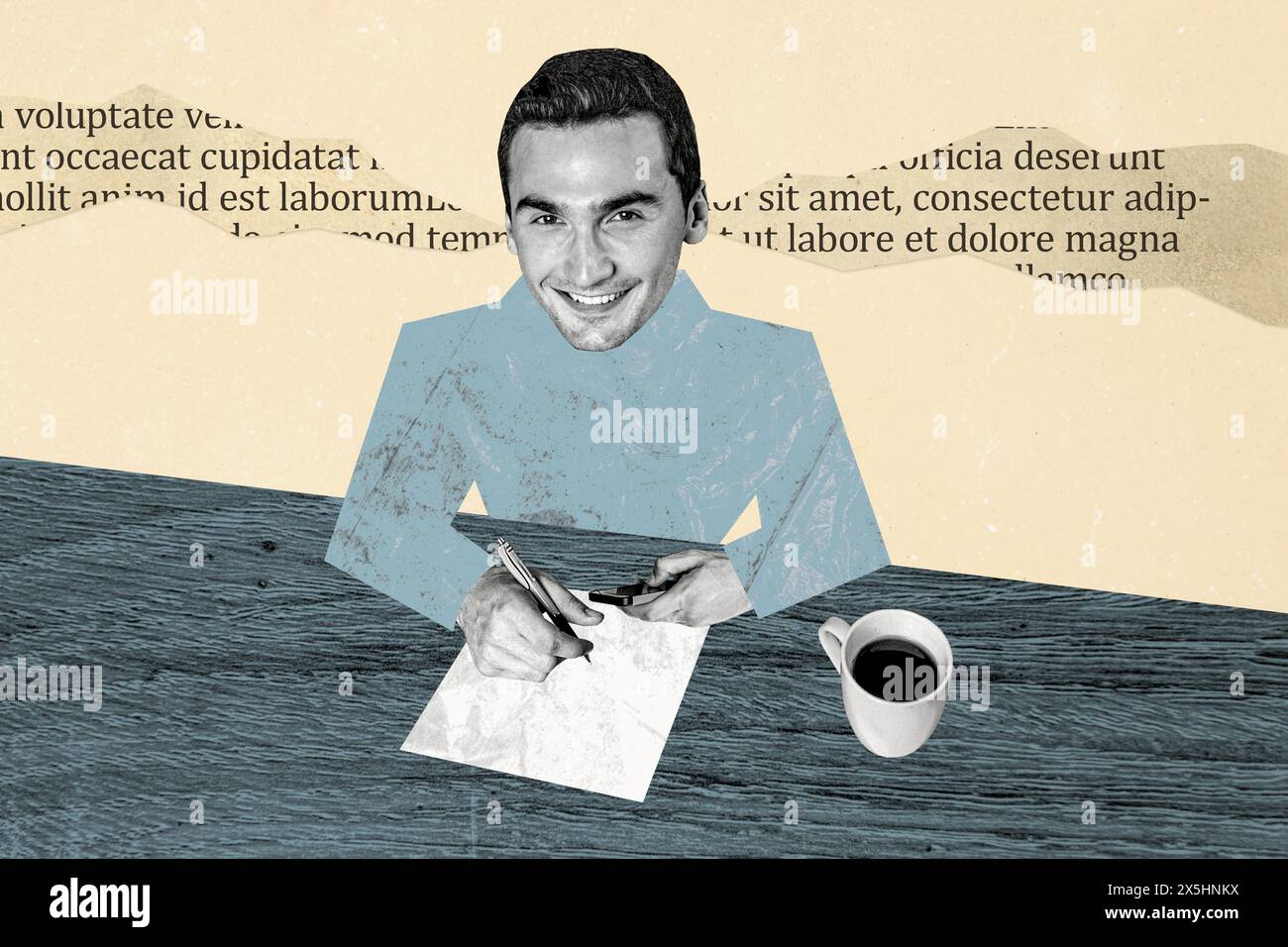 Zusammengesetzte Fotocollage von Happy Smile Geschäftsmann Schreiben Unterschrift Papierbogen Deal Kaffeetasse iphone Gerät isoliert auf gemaltem Hintergrund Stockfoto