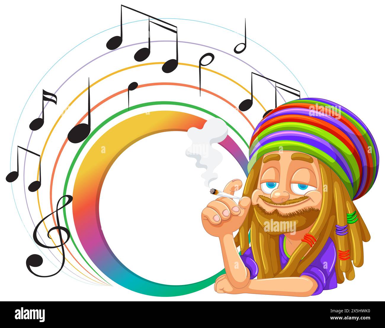 Bunte Illustration eines Rastafariers mit Noten. Stockfoto Bunte Illustration eines Rastafariers mit Noten. Stockfoto