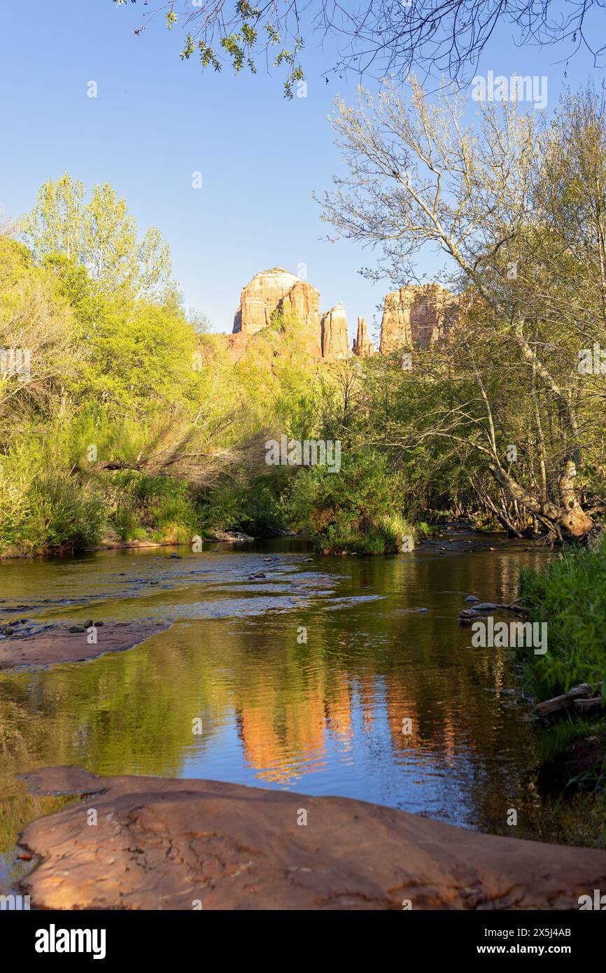 Der Berggipfel spiegelt sich im Bach unten Stockfoto