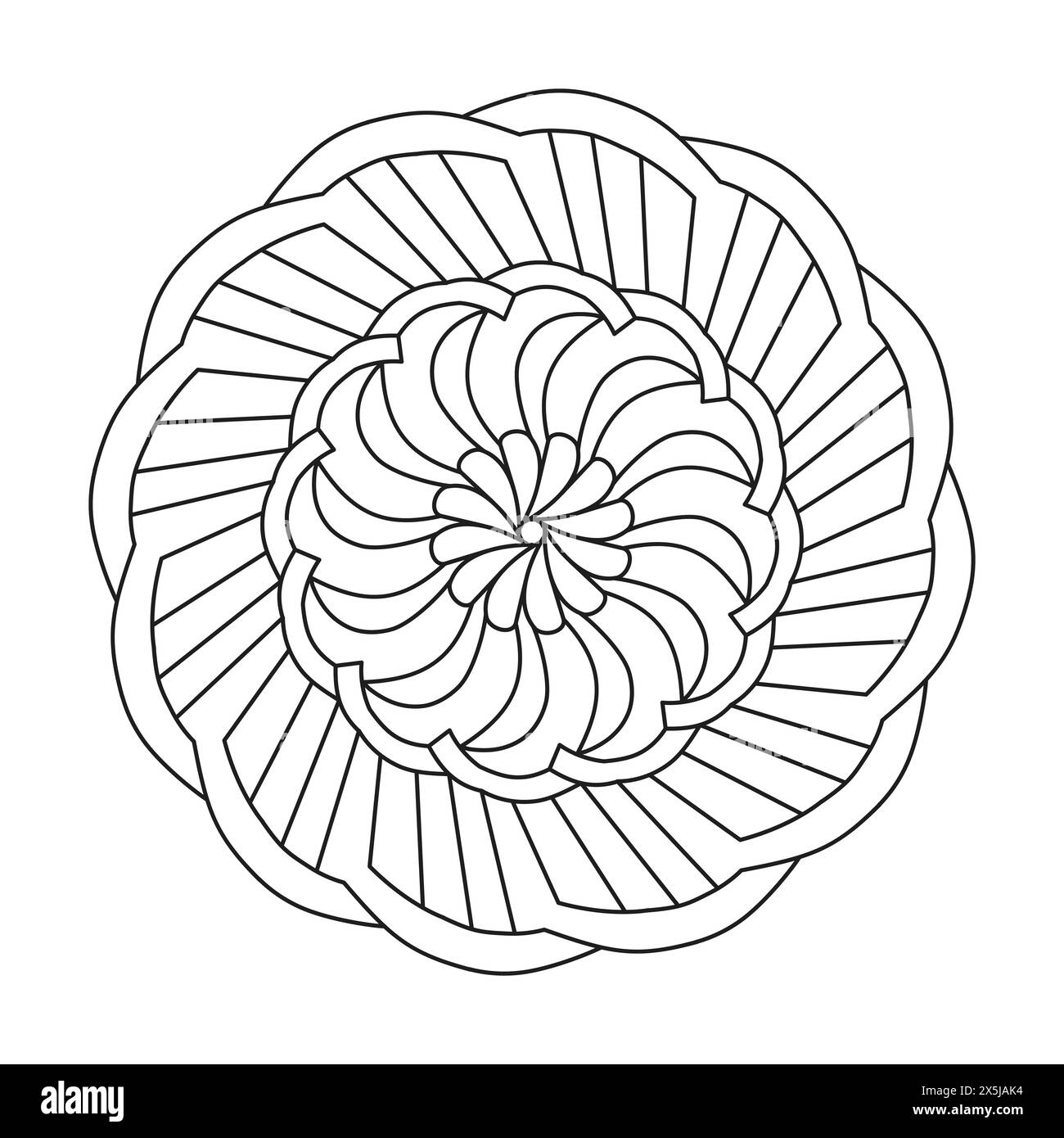Mandala Harmonic Colour Book Page für KDP Book Interior. Friedliche Blütenblätter, Fähigkeit zum Entspannen, Gehirnerlebnisse, harmonischer Hafen, friedliche Porträts, Stock Vektor